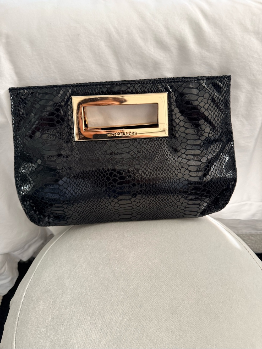 Michael Kors Black Snakeskin-Embossed Clutch with Gold-Tone Handle